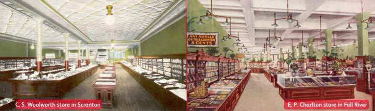 Improved fixtures and fittings started to appear in the flagship five and ten cent stores in the 1890s. Pictured C. S. Woolworth & Co. of Scranton PA and E. P. Charlton and Co. of Fall River, MA. Images with special thanks to Mr. Scott Oakford.