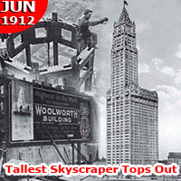 The Woolworth Building in Broadway Place, New York, officially became the world's tallest building at its topping out ceremony in June 1912.