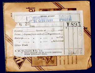 A photograph developing and printing envelope from F. W. Woolworth in Ipswich, dated 18th May 1937.