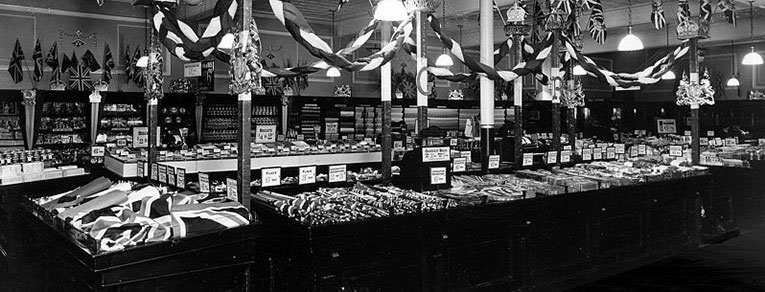 The salesfloor of Woolworths at Calverley Road, Tunbridge Wells set out with flags and bunting for the Silver Jubilee of King George V and Queen Mary in 1935