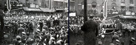 The gun carraige carrying the coffin of King George V along Edgware Road, London (left) and the carraige carrying H. M. the Dowager Queen Mary following behind. These two pictures were taken by a Woolworths colleague using a sixpenny camera from the store.