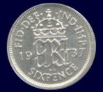 A silver sixpence from 1937