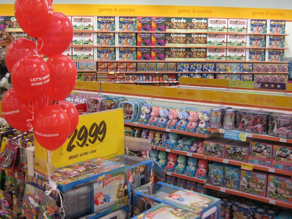 A wide view of the extensive toy department at Woolworths Bristol Hartcliffe in 2005