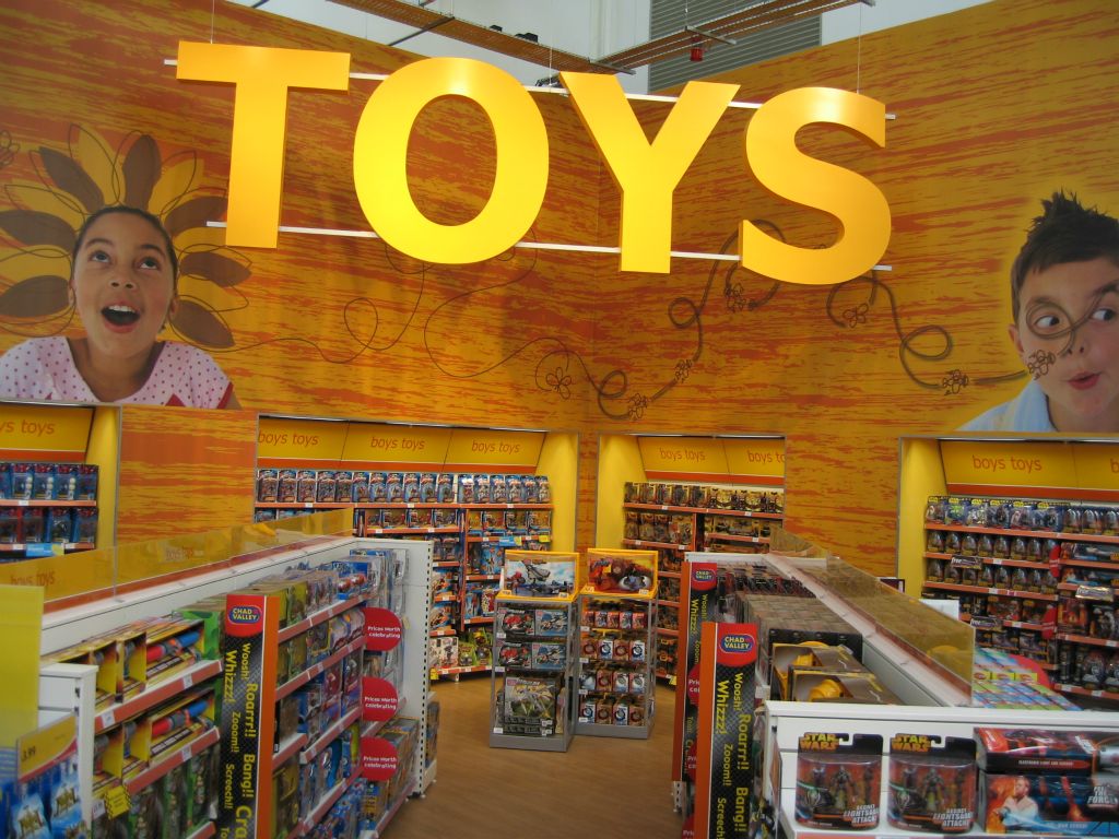 A huge Toys sign and graphic displayed in the back corners of Woolworths out-of-town stores like this one in Bristol Hartcliffe (2005)
