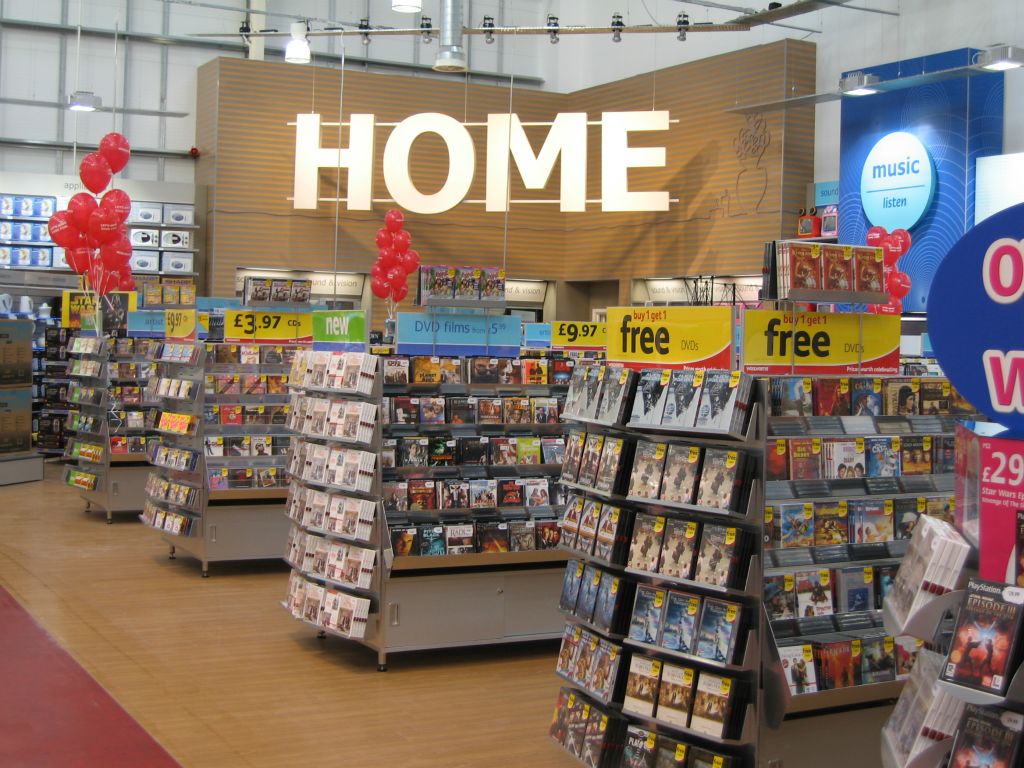 A huge banner promoting the Home ranges in an out-of-town Woolworths store in 2005, largely surrounded by Entertainment products