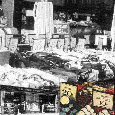 Changing price tickets in Woolworth stores in North America in the 1930s (featured store Windsor, Ontario, Canada)