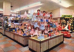 A brightly-coloured display of Winfield dolls in Woolworths of Leicester in 1965