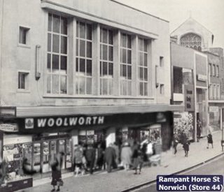 The large, purpose-built  F. W. Woolworth store in Rampant Horse Street, Norwich, which was sold to Marks and Spencer in the 1980s