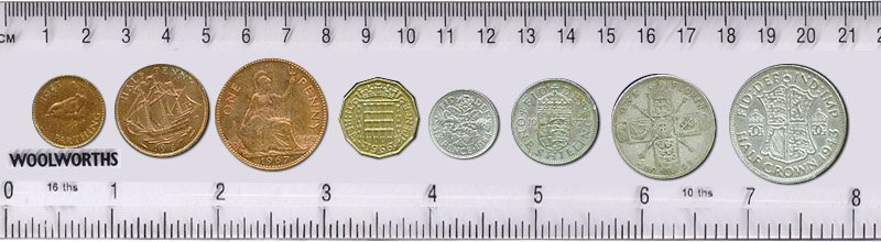 Pounds, shillings and pence - British currency for over 500 years until 1971. Left to right: farthing, halfpenny, penny, threepence, sixpence, shilling, florin and half crown