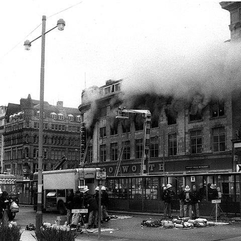F. W. Woolworth Manchester ablaze on 8 May 1979 (archive picture with special thanks to Mr Graham Hill)