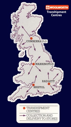 Four regional Transhipment Centres played a key part in the 1970s Distribution Strategy - they were used to cross-dock large shipments of seasonable products between suppliers and the stores without ever storing them away.