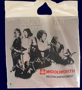 A line drawing of the stars of the 1970s on a Woolies 12"x14" (30x35cm) record carrier bag
