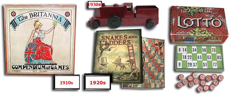 Chad Valley toys from between the World Wars: clockwise Compendium of Games from the 1910s, Bakelite Toy Train from the 1930s,  Lotto Game with Bingo Sheets and Wooden Counters from the 1930s and Snakes and Ladders from the 1920s