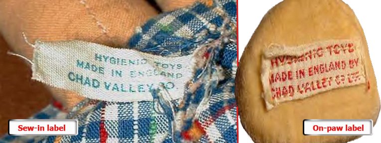 Worn with pride, Chad Valley identity labels from pre-war toys. On the left is a sew-in label from under the skirt or jacket of a doll, on the right is a label that was guaranteed to wear out on a well-loved toy - it was stitched to the bottom of teddy bears' paws
