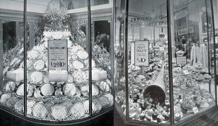 Marshmallows - recommended for Sunday lunch - ten cents a half pound at Woolworths in Kansas City, USA in 1927 (left) and Fruit Tablets (half a pound for 10c) at the San Francisco, California store