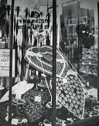 Candy for Valentines Day in the window of a Woolworth's store on the West Coast of the USA in the 1920s - just ten cents!
