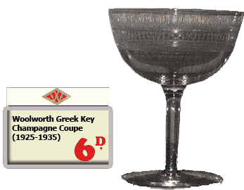 A much sought-after Woolworth special from the inter-war years - the Greek Key pattern Champagne Coupe, which was offered for sixpence to a few lucky shoppers.