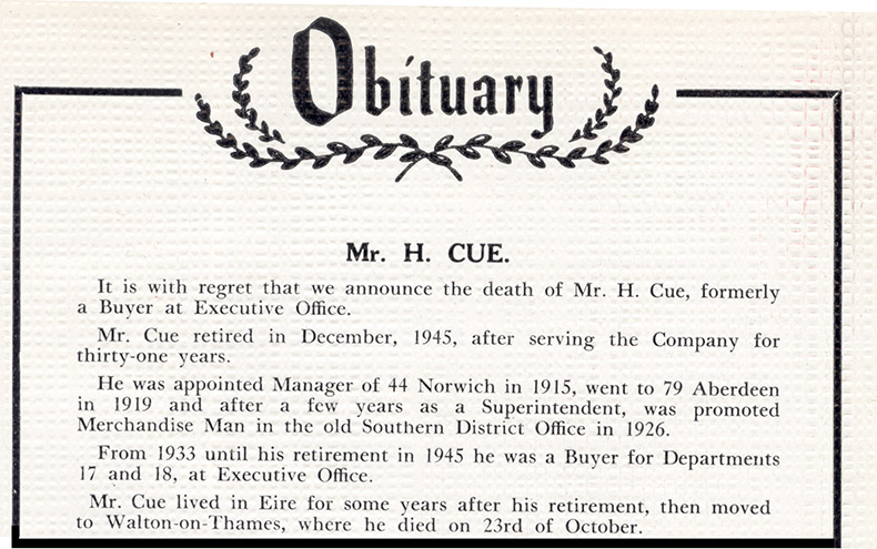 The text of Herbert Cue's short obituary from Woolworth's House Journal, the New Bond, Vol. 15, No. 6, Page 93, issued on 6 December 1956
