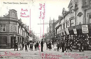 A postcard of the tram centre in Swindon. The location of Woolworths has been written on by the sender in 1914