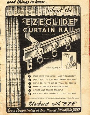 Ezeglide Curtain Track from Harrison Drape was repurposed as a result of the outbreak of war.  Now it was for blackout curtains.  (Image: from Good Things to Know, a Company magazine given out to the general public, Edition II, 1940)
