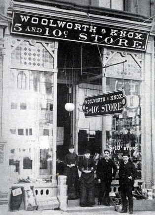 The Woolworth and Knox Five and Ten Cent Store in Reading, Pennsylvania, USA, which opened on 20 September 1884. Seymour Horace Knox is standing on the right hand side of the picture