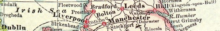 A map showing the locations of the first six British Woolworths stores - following the line of the modern M62 Motorway they stretch across the country from Liverpool in the West to Kingston-upon-Hull in the East