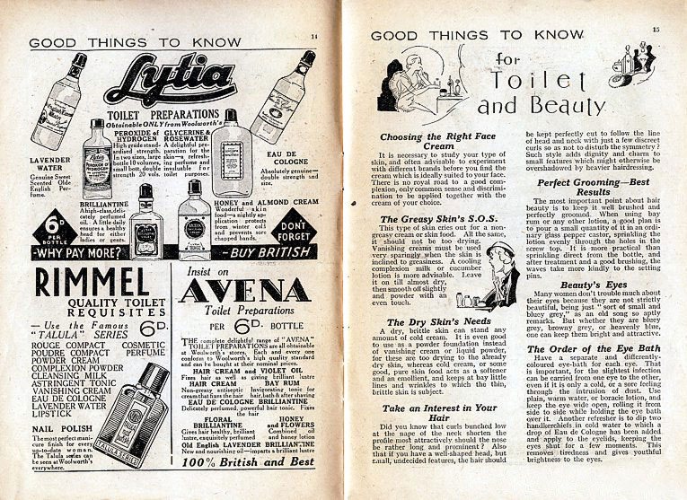 A sample spread from the first Good Things to Know booklet, which illustrates the mix of advertising and editorial. A number of advertisements from this booklet appear in the product galleries here in the Woolworths Museum