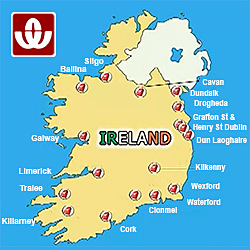 A map showing the location of each of the nineteen F.W. Woolworth stores that were trading in the Republic of Ireland when new owners announced they were withdrawing from the country in 1984