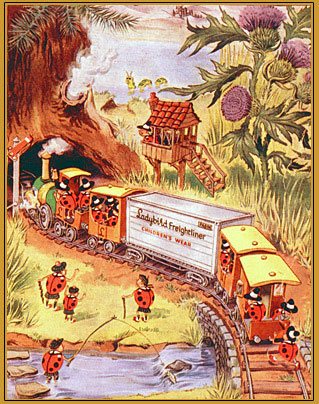 The Freightliner - one of many posters published by Pasold featuring the working Ladybirds. This one includes wonderful detail like the Lochness Monster in the lake in the distance!