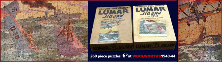 War scene jigsaw puzzle from F. W. Woolworth during the blitz.  Named 'Rescue', it depicts Nazi warplane D19 sinking at sea with the crew standing on the fusilage as an allied warship moves alongside to help out. Puzzles like this were sold for sixpence. Support from Lord Beaverbrook helped secure the raw materials to keep this loss-leading range on sale throughout much of World War II.