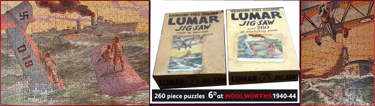 Patriotic Lumar-brand Jigsaw Puzzles from F.W. Woolworth in their original boxes. One shows a Luftwaffe plane sinking in the ocean and a British cruiser racing to rescue the survivors, and another showing an RAF plane and aircraft carrier. Price, just sixpence.