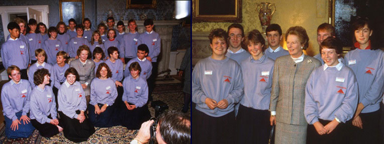 The Prime Minister, the Rt. Hon. Margaret Thatcher, PC MP entertains the winners of the Woolworths Leadership '86 competition to tea at Downing Street. Those shown also win an Outward Bound Young Leaders' Course, a personal chequqe for £50 and a £100 award to their schools.