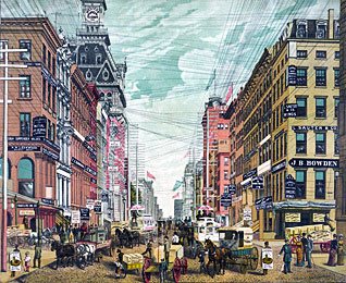 Broadway, New York where Frank Woolworth set up a small buying office at Room 57 of the Stewart Building, No. 280 Broadway. The picture postcard view is from about 1886