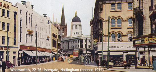 The flagship Woolworth in Listergate, Nottingham (No. 36), was extended before World War II to incorporate a 'cinema front' in portland stone. By the late 1940s it was one of the largest shops in the City