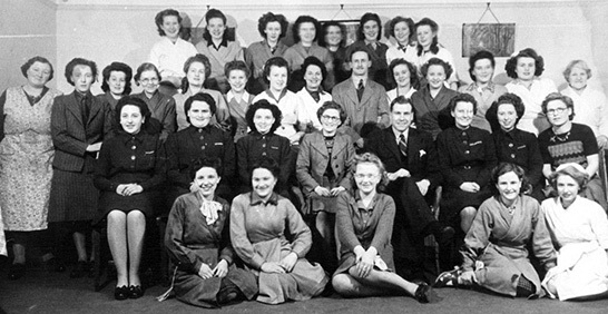 The staff of the Long Eaton store, pictured in 1947. The Store Manager, Mr. H.S.Bendall, is in the centre foreground. Bill Pell was the only other male member of staff and appears sporting a moustache and wearing his stockman's coat