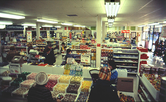 A long view of the salesfloor in 1978, with the legendary pic'n'mix counter in the foreground