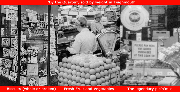 Sold by weight from personal service counters by Woolworth's in the Sixties - Biscuits, Fresh Fruit and Vegetables and Pic'n'Mix Sweets