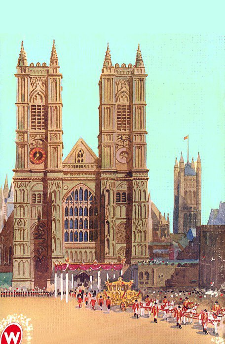The Golden Coach (royal landau) outside Westminster Abbey, adapted from the back cover of the Coronation Edition of the Woolworths New Bond magazine