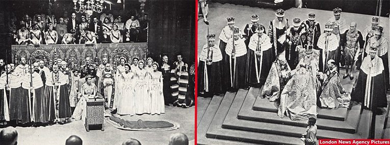 The Queen with the Maids of Honour and the Peers at Westminster Abbey during the Coronation (left) and Her Majesty the Queen after the Crowning Ceremony, wears St. Edward's Crown, and the Bishops pay homage (right). Pictures courtesy of the London News Agency, drawn from the Woolworth New Bond house magazine.