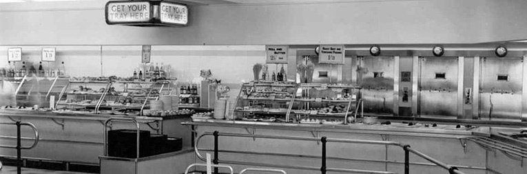 The service counter in the Woolworths Restaurant (cafeteria or lunch counter) at Portsmouth, Hampshire, UK