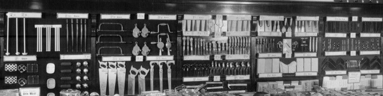 This 1950s wall feature of Woolworth tools could be mistaken for a pre-war view. The prices are the only clue, as the display principles from 1935 were still in use!