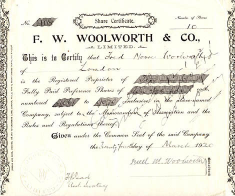 An original Preference Share Certificate for F. W. Woolworth & Co. Limited, made out to the first Managing Director Fred Moore Woolworth in 1920