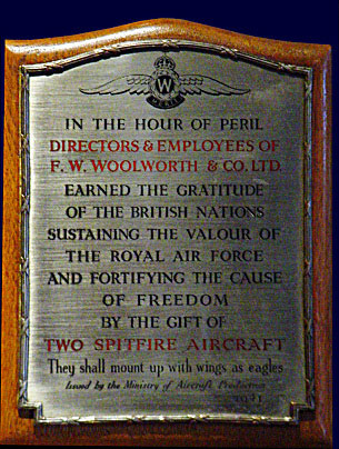 A commemorative plaque, awarded by the Ministry of Aircraft Production to Woolworths Directors and Colleagues in 1940 for their role in the Battle of Britain
