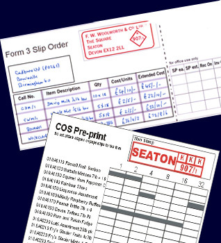 Manual ordering forms used at Woolworths before computerisation (Top: Form 3 Slip Order 1909-1977, Bottom: COS Pre-Print 1977-1987)