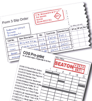 Manual ordering forms used at Woolworths before computerisation (Top: Form 3 Slip Order 1909-1977, Bottom: Central Ordering System (COS) Pre-Print 1977-1987)