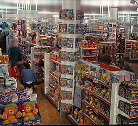 Toy displays in a large, modern Woolworths store in the 1980s