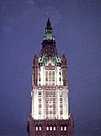 The spire of the Woolworth Building illuminated in the night sky of New York for the first time in forty years in May 1986