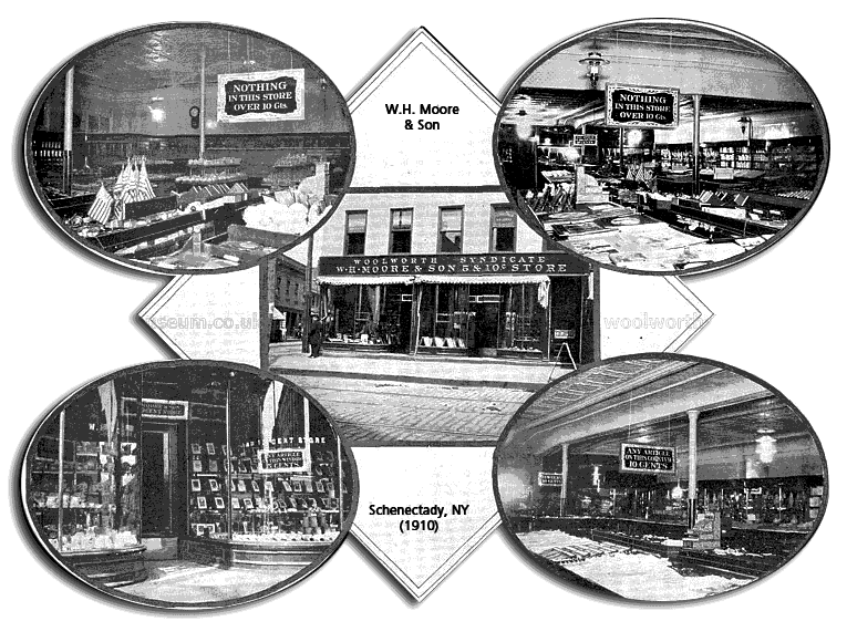 Interior and exterior views of the well appointed The W. H. Moore & Son 5 and 10 Cent Store in Schenectady, New York in around 1910. Moore was credited with coming up with the Five and Ten Cent idea and was an honorary founder of the F. W. Woolworth Co. when it was incorporated in 1912.