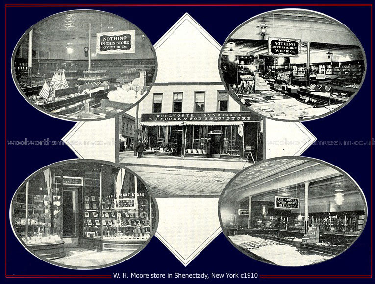 Interior and exterior views of the well appointed The W. H. Moore & Son 5 and 10 Cent Store in Shenectady, New York in around 1910. Moore was credited with coming up with the Five and Ten Cent idea and was an honorary founder of the F. W. Woolworth Co. when it was incorporated in 1912.