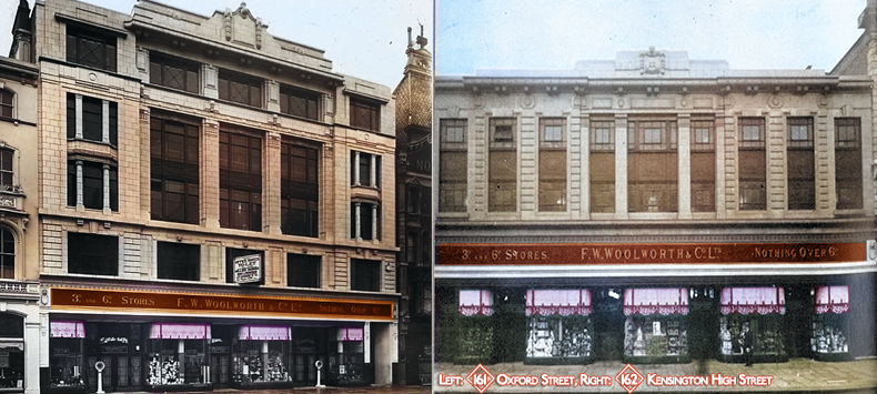 1924 saw the opening of two New London flagship stores in the premier shopping areas, Oxford Street near Selfridges, and Kensington High Street alongside the three fashionable department stores Barkers, Pontings and Derry and Toms, designed and built by employees of the F.W. Woolworth 3D and 6D Stores